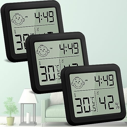 DazSpirit Thermometre Interieur Numérique Hygromètre Intérieur, Thermomètre d'ambiance, Moniteur d'Humidité de la Température avec fonctions confort, heure pour chambre, chambre bébé, bureau (3 Noir)