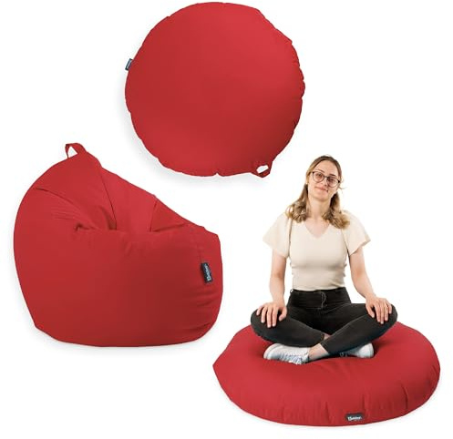 BuBiBag Premium 2-in-1 Sitzsack mit Füllung für Kinder & Erwachsene | Outdoor & Indoor | Sitzkissen Bodenkissen | Spielen & Entspannen | Wasser- und schmutzabweisend (Rot, 125 cm)