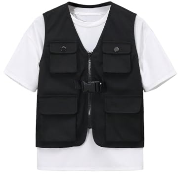 Verdusa Boy's Flap Pocket Zipper Up Sleeveless Casual Cargo Vest Jacket Outerwear Black 8Y