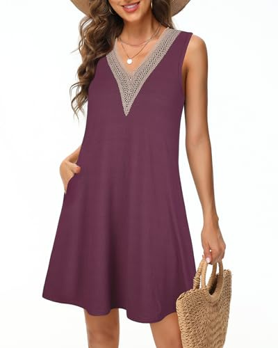 Tanmolo Damen Sommerkleid Kurz Freizeitkleid Spitze V-Ausschnitt Knielang Ärmellos Swing Kleid XL Lila