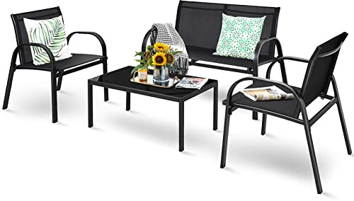 KOMFOTTEU Set di 4 mobili da giardino per 4 persone, set da giardino con 2 sedie e 1 panca e 1 tavolino da caffè, set di mobili da terrazza per piscina, cortile (nero), QF54737IBDE