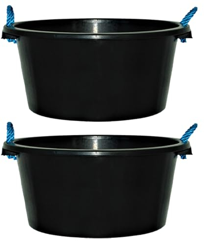 [Set Of 2) - Heavy Duty 70 Litre BLACK Bucket with Rope Handle Strong Plastic Storage Bucket Cement Mixing Muck Water Tub Construction Bucket For Indoor and Outdoor - Made In UK