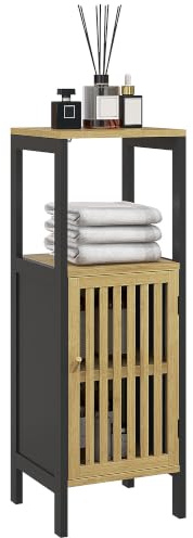 HOMCOM Meuble Bas de Salle de Bain Placard 32 x 30 x 90,5 cm, Noir et Bois | En Bambou, 1 Porte, Niche Ouverte