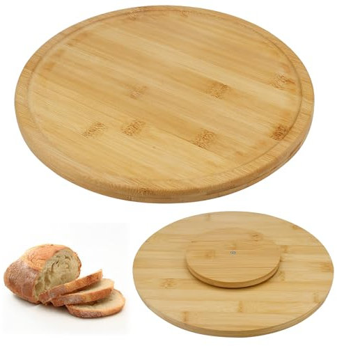 CAREDGO Bandeja de Aperitivos y Queso, Fuente Giratoria de Madera Redonda de 30 cm Plato de Madera de Bambú para Pizza Tabla de Quesos y Embutidos Giratoria 360°Bandeja de Madera para Servir Comida