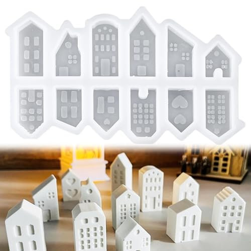 12 Stück Silikonformen Gießformen Häuser, silikonform weihnachten, Kerzenformen zum Gießen, Mini Silikonform Haus Gips Zum Gießen, für Kerzenherstellung, Handgefertigte Seife, DIY Handwerk