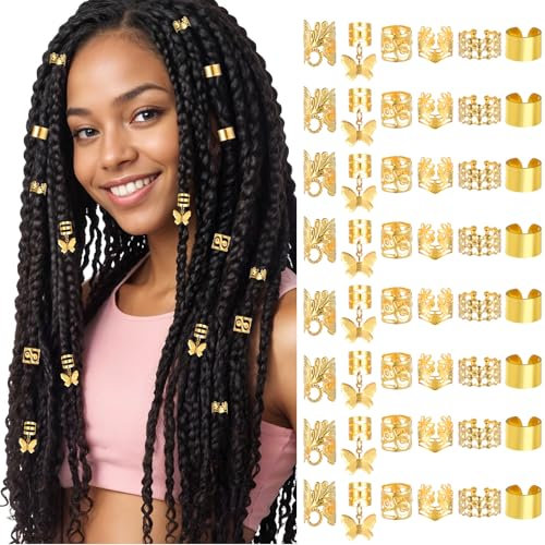 Tyqour 48 Stück Gold-Haarschmuck für Zöpfe Gold Dreadlocks Schmuck Haarschmuck Festival Verstellbar Braids Schmuck für Haare mit Dreadlock Haarspiralen Clips für Männer Frauen Mädchen Jungen