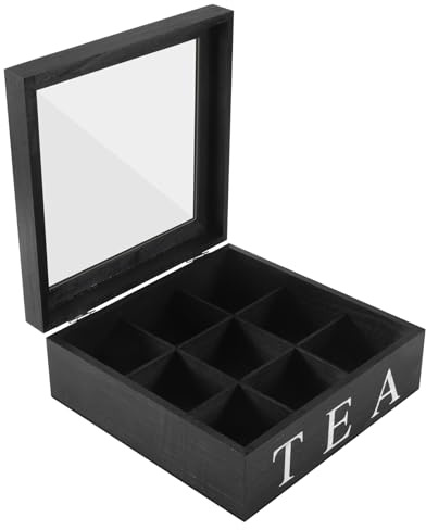 Jrifedptry Wooden 9 Grids Tea Box Tea Bags Container Storage Box Square Gift Box Case Transparent Top Lid Jewelry Storage Box-Black