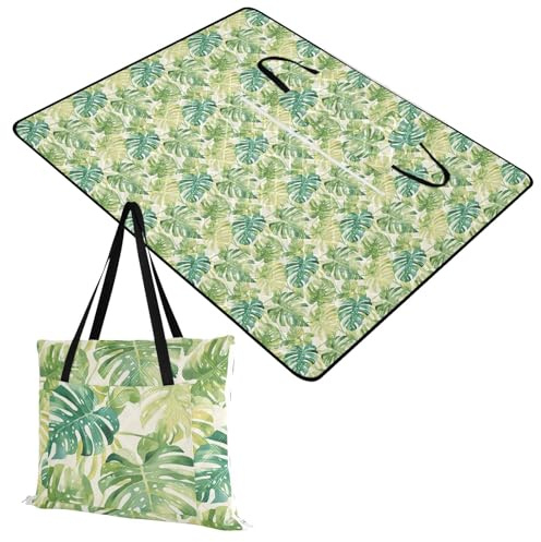 miaozhen Tappetino da spiaggia Portatile Erba Picnic Accessori Outdoor per Outdoorsy Donne Primavera Regali Acquerello Monstera Deliciosa Foglie Lago Verde Perla Bianca Mantas para parques