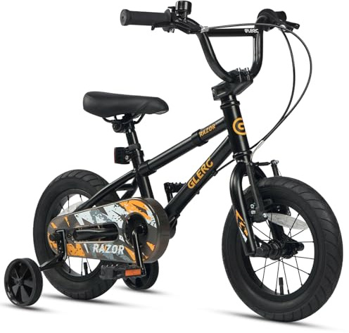 Glerc Razor Barncykel 12 tum för pojkar nybörjare 1 2 3 4 år första BMX stil cykel med stativ och säkerhetsringklocka och avtagbara stabilisatorhjul, svart