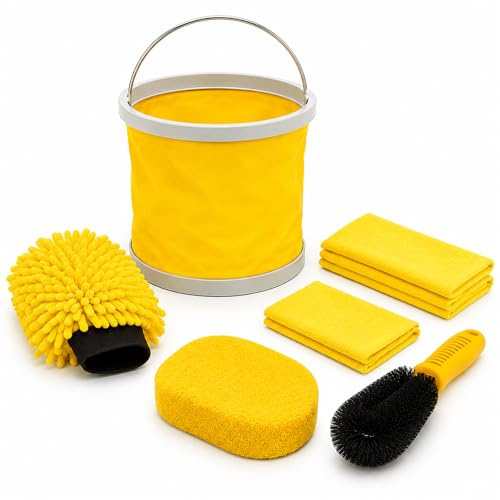 TUULKIT Car Cleaning Kit – Car Washing Kit Includes Bristle Brush, Large Sponge, Drying Mitt, Collapsible Bucket & 3 Microfibre Cloths – For Car, Van, SUV – Durable & Professional Quality