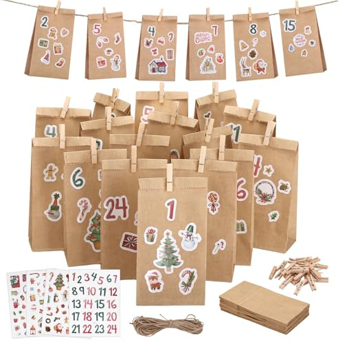 LEMESO Adventskalender zum Befüllen 24 Kraftpapiertüten Geschenktüten Papier Adventstüten mit Zahlenaufkleber Weihnachtstüten für Weihnachten Geschenktüten zum Basteln und Verschenken kinder