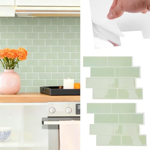 Thicker Self Adhesive Wall Tile - 10 Sheet Sage Green Peel and Stick Tiles, 3D Subway Tile Waterproof Splashback Stick on Tiles Backsplash for Kitchen and Bathroom (29.4X 21.4cm)