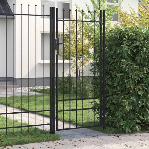 Clôture, portail de cour, porte de clôture, simple battant avec pointes de lance en acier, 1 x 2 m, noir, sécurité pour votre paysage de jardin