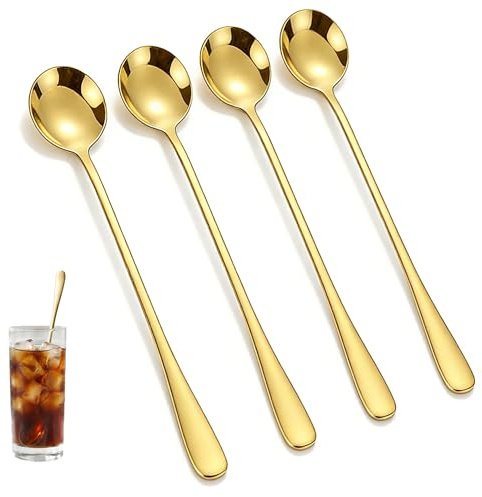 Set di 4 cucchiaini da zuppa con manico lungo 18,3 cm, in acciaio inox, elettrolitici placcati oro, per cocktail e cocktail, lavabili in lavastoviglie per casa, bar, ristorante, caffetteria (oro