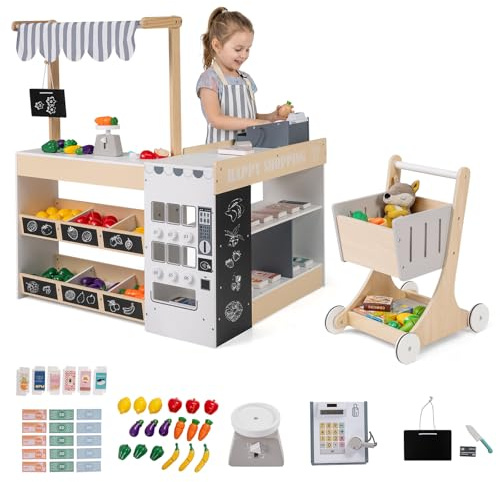 GYMAX Kids Grocery Store, Wooden Role Play Shop with Shopping Cart, Blackboards, Display Shelves and Play Foods, Children Supermarket Playset for 3 Years Old+ (Natural)