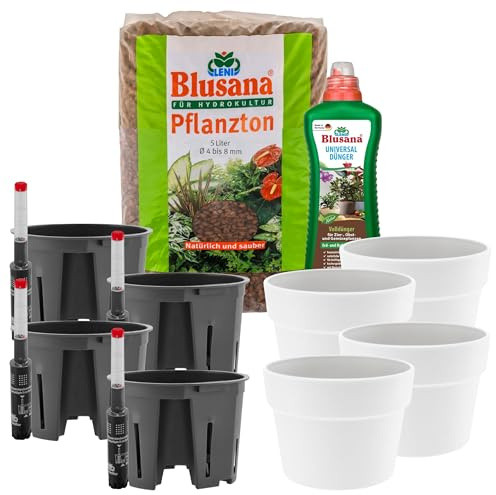Leni Classic Hydrokultur Komplett-Set Ø 13 cm Höhe 10 cm 4er-Pack Weiß | Übertopf mit Pflanzton und Dünger, Blumentopf, Hydro-Bewässerungssystem mit Kulturtopf und Gießanzeige, für Zimmerpflanzen