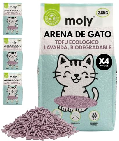 MOLY x4 Arena de Gatos Tofu y Lavanda 11,2 KG 14,8 L | Arena Biodegradable y Aglomerante Alta Absorcion con Aroma de Lavanda y Talco | Control Total de Olores | Sin Polvo | Lecho Mineral Higienico