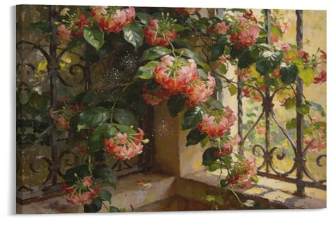 Rose Window Trellis Framed Canvas Wall Art, Blooming Floral Vines by Rustic Iron Gate Painting, Romantic Vintage Decor for Living Room Bedroom 20x30inch(50x75cm)