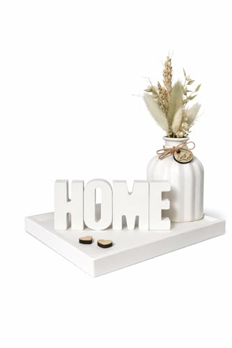 Dekotablett mit Vase & Herzhäusern aus Keraflott – Handgefertigtes Deko Tablett mit Trockenblumen, Boho Wohnaccessoire für Wohnzimmer, Flur oder Schlafzimmer, Geschenk zum Einzug & für Frauen