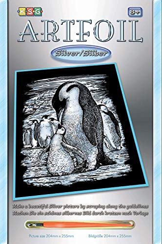 MAMMUT 8250609 - Artfoil, Kratzbild, Tiermotiv, Pinguine, silber, Komplettset mit Kratzbild, Kratzmesser und Anleitung, Scraper, Scratch, Kratzset für Kinder ab 8 Jahre