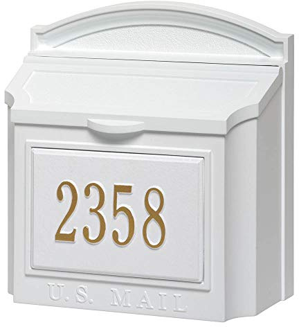 Whitehall Wall-Mounted Mailbox, Large Aluminum Wall Mailbox for Outside with Lock White/Gold (4 Colors Available)