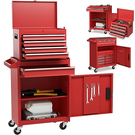 COSTWAY Large Rolling Tool Cabinet, 2-in-1 Detachable Metal Tool Chest with Drawers, Wheels, Handle & Hooks, Lockable Tool Box Trolley for Garage Workshop (5 Drawer with Adjustable Shelf, Red)