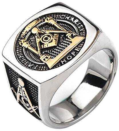 Vintage Breit Titan Edelstahl Freimaurer Ring mit Platz G Säulen Alles sehende Auge Bicolor Master Mason Illuminati Schmuck für Herren Damen Gold Ton Größe 67
