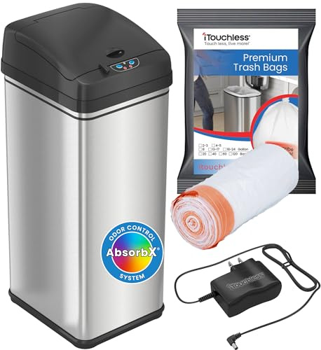 iTouchless Automatic Trash Can with AC Adapter and 10 Trash Bags, Big Lid Opening Touchless Sensor Kitchen Trash Bin, 13 Gallon, Stainless Steel