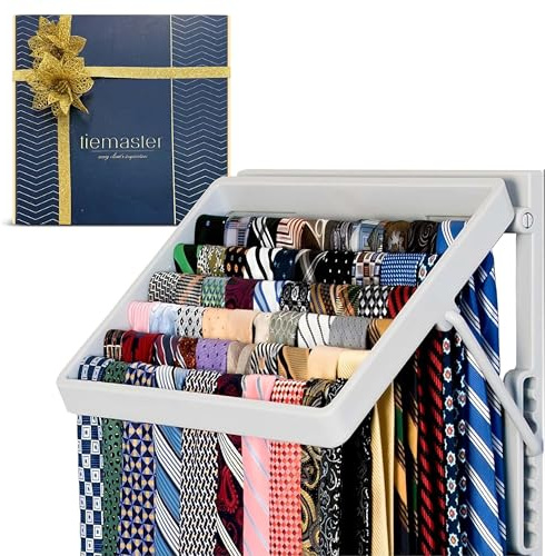 TieMaster Tie Rack and Scarf Organizer, Battery-Free Design, Holds 60 Ties and Scarves with 5 Belt Hooks, Easy Installation, Wall Mounted Tie Organizer, for Men & Women