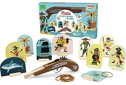 Vilac - Pistolet à Elastiques Pirates - Jeux d'Adresse - Jouets en Bois - Tir aux Elastiques - Jeu en Famille - Cibles - Développement de la Coordination œil-Main - à Partir de 3 Ans