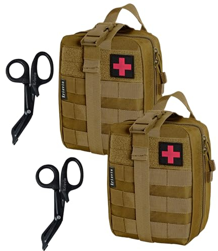Krisvie 2PCS EMT Borsa di Primo Soccorso Medico di Sopravvivenza Sacchetto di Emergenza Tattica, Tattico Molle Marsupio+Acciaio Inossidabile Benda Forbici Heavy Duty Set (Cachi)