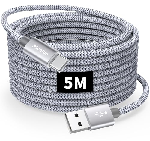CLEEFUN Cavo USB Type-C 5 Metri, Lungo Cavo USB C 5 metri 3A di Ricarica Rapida in Nylon Compatibile per Galaxy S25 S24 S23 S22 S21 S10 S9 Plus, A13 A14 A15 A50 A71, Per iPhone 16 15 Plus/Pro Max