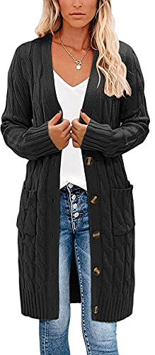 Earnmore Womens Long Cardigan Cable Knit Sweater, Long Sleeve Open Front Button Sweater Coats Outerwear with Pockets for Fall Winter