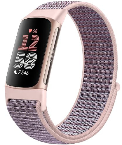 Runostrich Sport Loop Nylon Watch Straps Only Compatible with Fitbit Charge 5 Strap, Adjustable Breathable Replacement Soft Wristband for Women Men Advanced Fitness Tracker, Pink