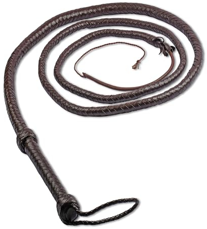 Indiana Jones - Látigo de cuero vacuno real negro y marrón, mango fuerte y bien equilibrado para sonido de agrietamiento con 5 galletas adicionales (marrón, 4 pies - 8 unidades)