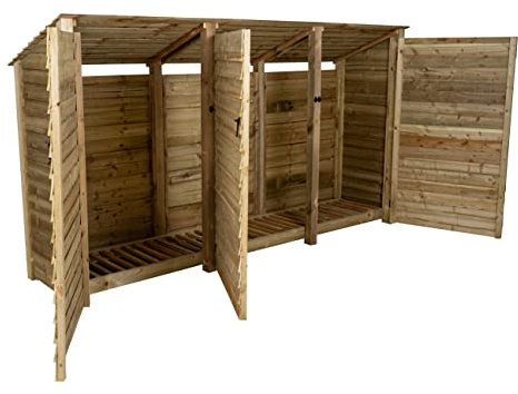 Arbor Garden Solutions wooden log store with doors 6ft, firewood storage (W-335cm, H-180cm, D-88cm), natural finish (Without kindling shelf (roof sloping back))