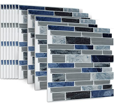 JOIEYOU Fliesenaufkleber, 10 Stück Klebefliesen aus PVC, Peel and Stick Tiles Wandfliesen Selbstklebend 30x30 cm für Küchen Bad - Blau Marmor