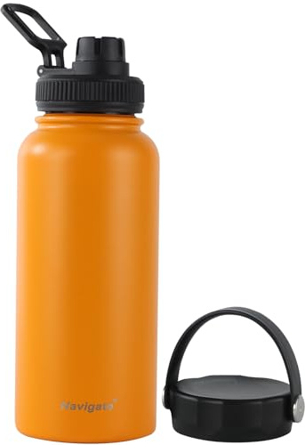 Navigate 32oz Insulated Water Bottle for Sports, Keep Cold 24H | 2-in-1 Spout and Handle Lids, Double Leak-Proof, 18/8 Stainless Steel, BPA-Free, Wide Mouth for Gym and Hiking,Orange