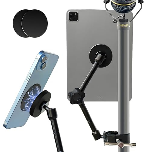 Magnetic Tablet Holder for Mic Stand, Full Metal Phone & iPad Music Stand, Compatible with All Models of iPad and iPhone Devices, Adjustable at Any Angle