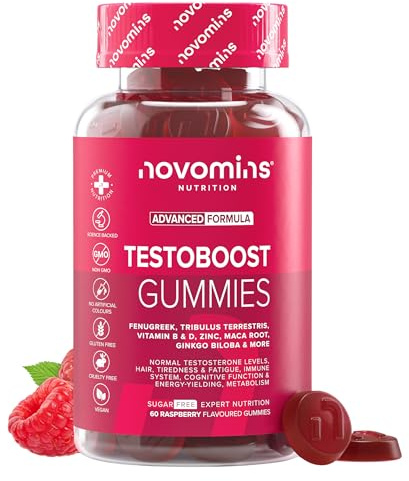 Testosteron Booster - mit Maca, Tribulus Terrestris, L Arginin, Bockshornklee - 60 Gummies - Alternative zu Maca Kapseln & T-Booster Tabletten - Vegan - für normale Testosteronspiegel - Novomins