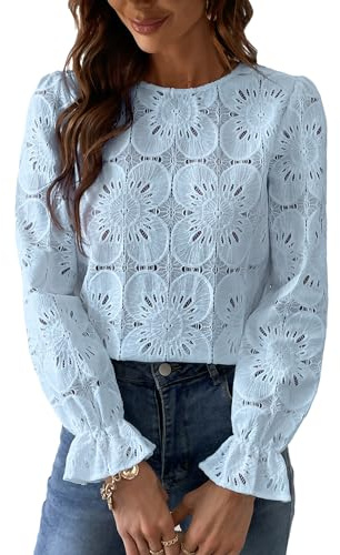 CUPSHE Bluse Damen Elegant Langarm Rüschen Rundhals Lochstickerei Oberteil | Boho Langarmshirt Trompetenärmel Luftige Lässige Tunika Volantmanschetten Rückenknopf Für Business Freizeit Alltag XS-XXL