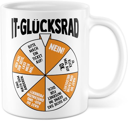 IT-ler Tasse mit Spruch - Geschenk IT-Glücksrad - Kaffeetasse aus Keramik 330 ml - Kollege Kollegin IT-Abteilung Bürogeschenk Informatiker IT-Witze - Kaffee-Becher (Weiß)