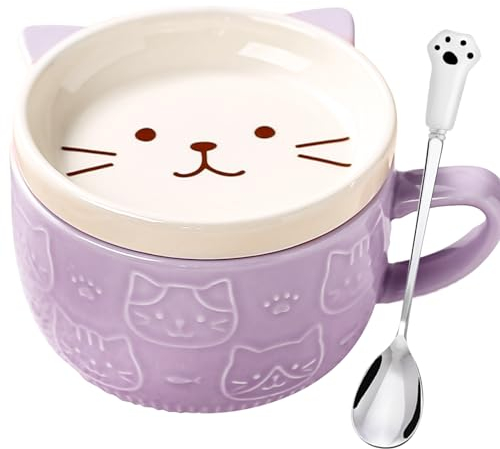Set di tazze da caffè da Donna con Simpatico Gatto Viola Kawaii con Coperchio Cucchiaio Novità Snimale Tazza da Caffè in Ceramica Set di Piattini Regalo di Natale Giapponese di