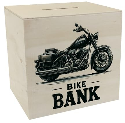 Cruiser Motorrad Spardose aus Holz mit Spruch Bike Bank Schwarz Motorbike Design Dark Look Witziger Text Praktisches Schild