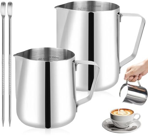 Milchkännchen Edelstahl, 2 Stück Milchschaumkännchen 350ml und 600ml, Milchkanne Edelstahl, Silber Milchkanne Barista, Milchkännchen zum Milchaufschäumen Edelstahl, für Cappuccino, Latte