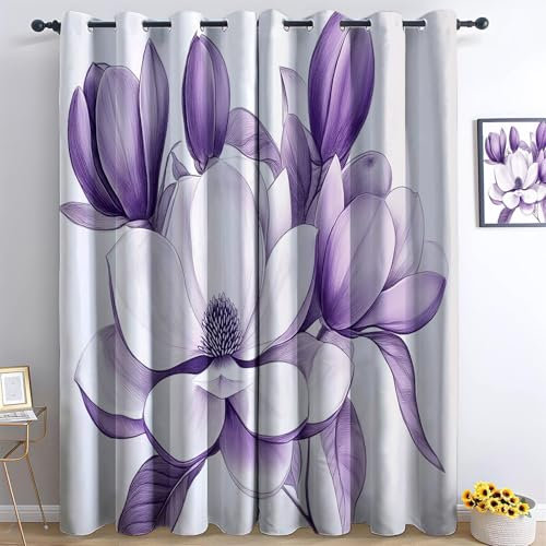 Curtains Lilac Blackout Curtains, for Bedroom Living Room W 66 x L 72 Home Decoration Thermal Eyelet Curtain Hand Drawn Magnolia Flowers Drop Patterned Window Treatments - 2 Panels