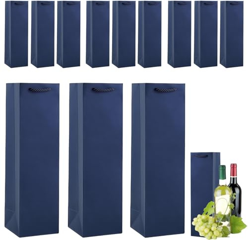 COSORO Sac Bouteille Vin Papier Kraft avec Poignée,12 Bleu Marine Sacs Cadeau pour Emballage Vin,Recyclables Qualité Supérieure Sac Papier Kraft Champagne Whisky pour Noël Mariage Fête Anniversaire