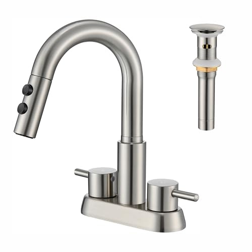 Kablle Bathroom Faucet with Pull Down Sprayer 3 Holes, Brushed Nickel 4 inch 2 Handles Centerset Laundry Bar Basin Pull Out Bathroom Sink Faucet with Pop-Up Drain, KBL-6002BN