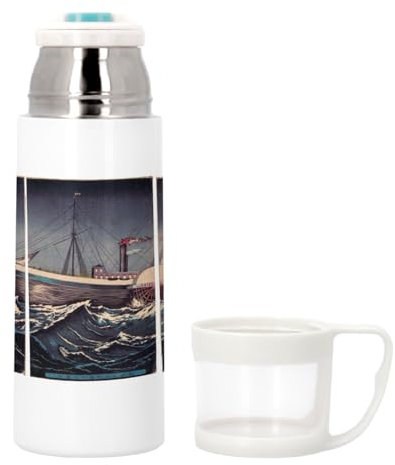 Thermoskanne aus Edelstahl mit integrierter Tasse – japanische Prägung Triptychon Dampfschiff mit Morgenrad Delikat Original Vintage – 350 ml – Thermosflasche