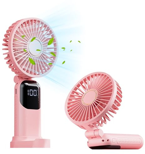 WUBAYI Ventilador de mano con pantalla LED, ventilador portátil de 5 velocidades recargable por USB, mini ventilador de escritorio plegable de 180°, refrigeración silenciosa de 12 horas para viajes